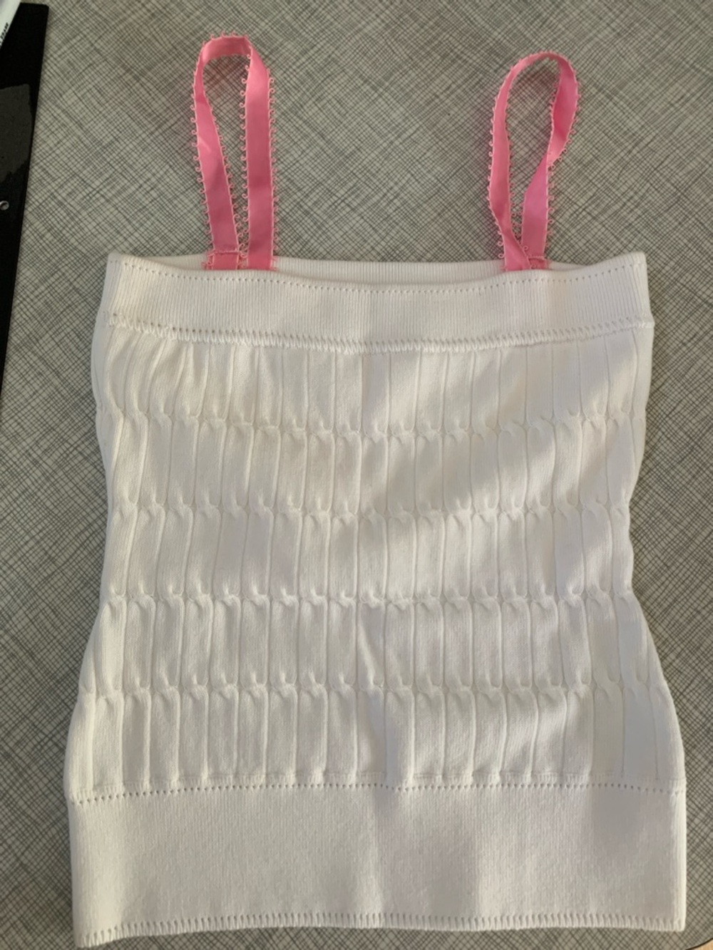Milly White knit top with pink ribbon straps
